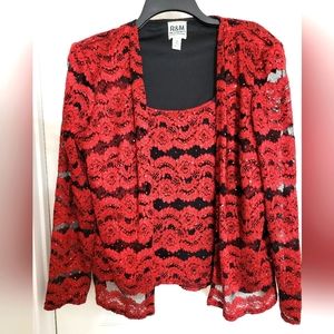 R & M Richards red and black sequin formal blouse size 16